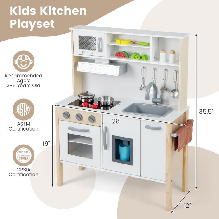 Wooden pretend play kitchen set for toddlers in white, featuring a removable sink, stove, and storage for imaginative.
