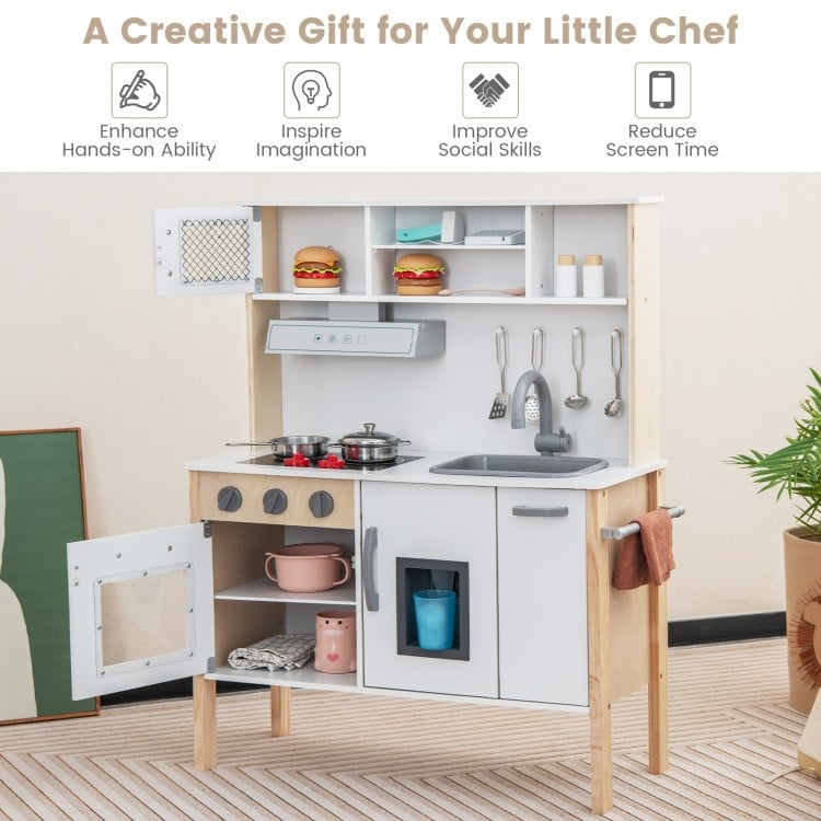Wooden pretend play kitchen set for toddlers in white, featuring realistic appliances and removable sink for.
