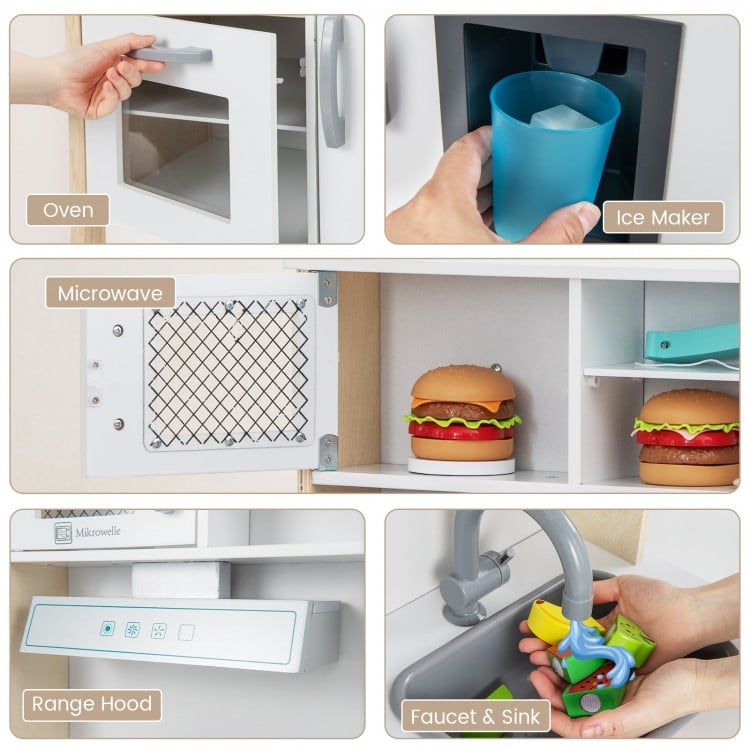 Wooden pretend play kitchen set for toddlers featuring a microwave, oven, and sink for immersive cooking fun.