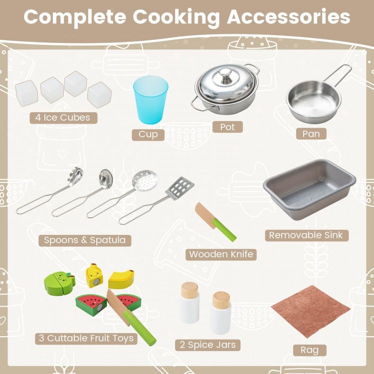 Wooden pretend play kitchen set for toddlers featuring cooking accessories, toy fruits, and a removable sink for.