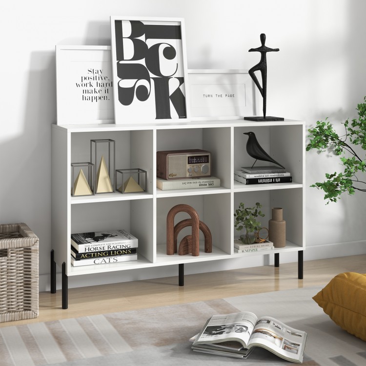 Open-back bookshelf in white with 7 shelves and a drawer, ideal for study or office storage and organization.