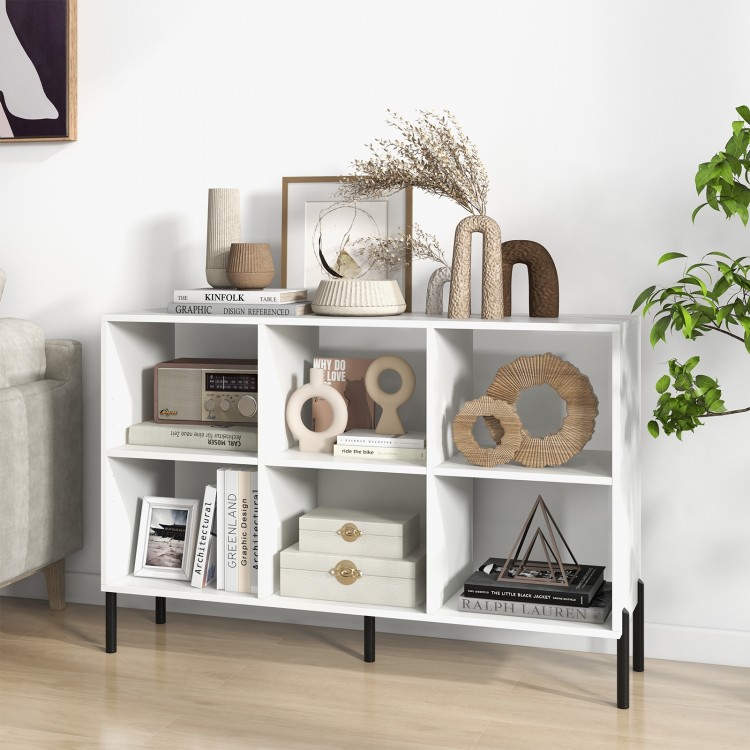 Open-back bookshelf with drawer in white, featuring 7 shelves for ample storage, ideal for study or office use.