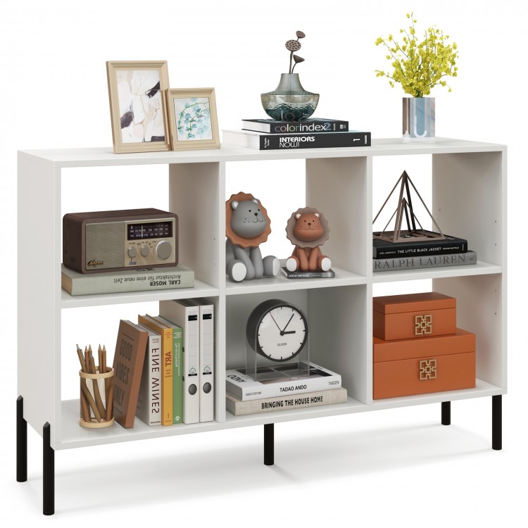 Open-back bookshelf with a large drawer in white, showcasing decorative items and books for stylish organization.