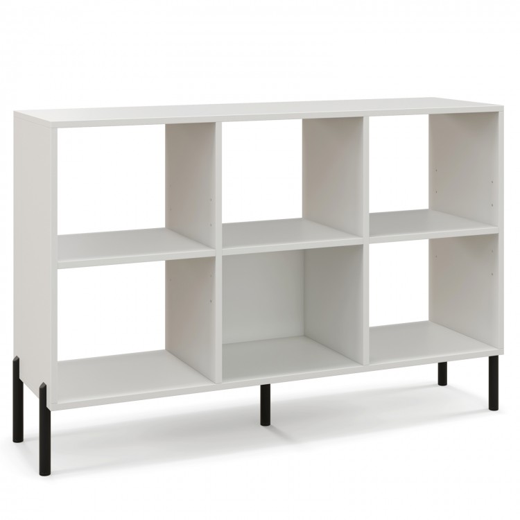 Open-back bookshelf in white with six shelves and one drawer, perfect for study or office storage.
