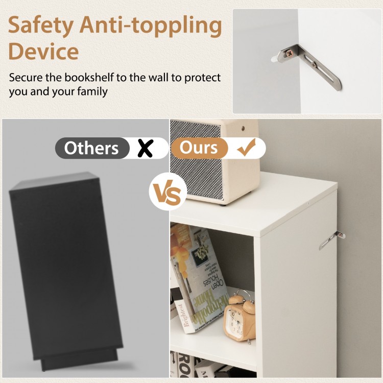 Open-back bookshelf with drawer in white, featuring anti-toppling device for safety and ample 7-tier storage space.