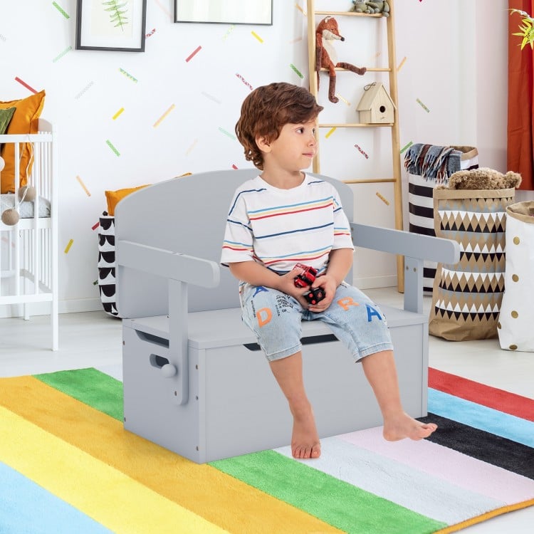 Kids 3-in-1 convertible storage bench in gray, featuring ergonomic backrest and ample toy storage for organized play.