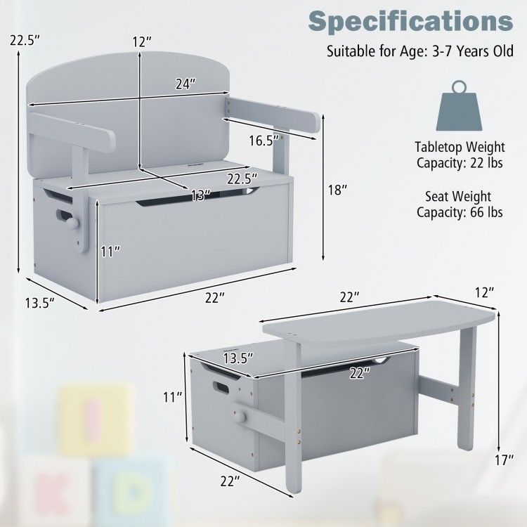 Gray 3-in-1 kids convertible storage bench with ergonomic backrest and ample internal storage for toys and books.