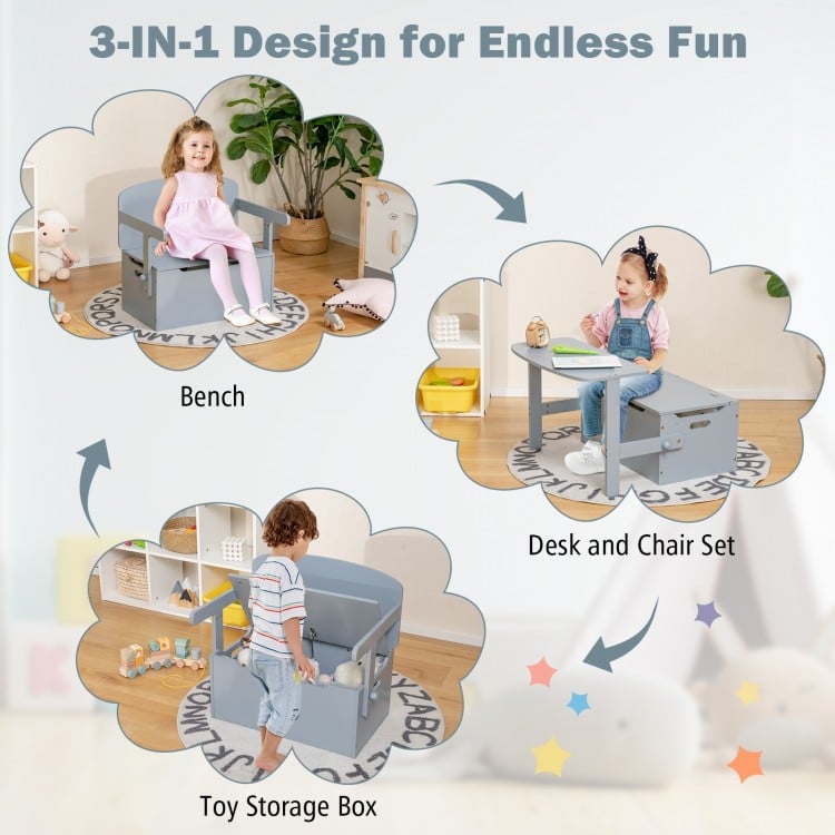 3-in-1 kids convertible storage bench in gray, serving as a desk and chair set with ample toy storage for organized.