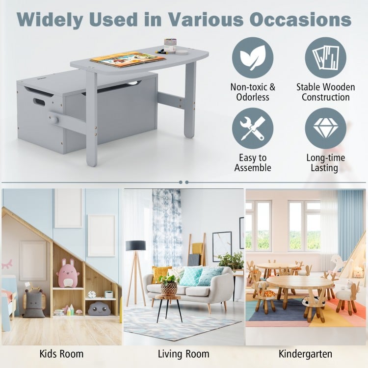Gray 3-in-1 kids convertible storage bench with ergonomic backrest, ideal for toys and books in playrooms or living.