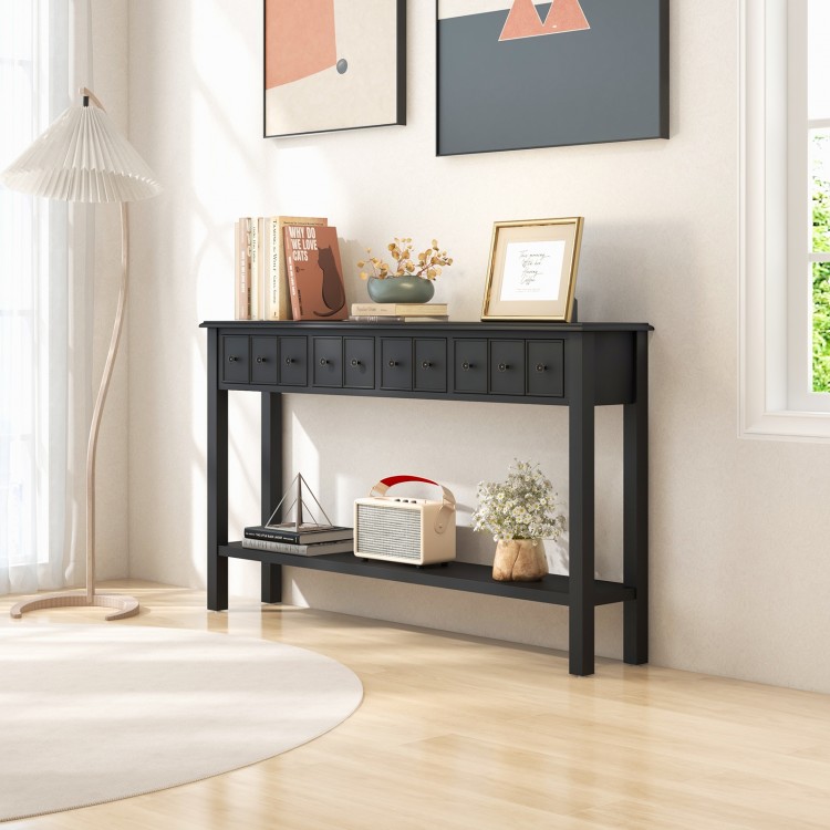 Black 60-inch sofa table with 4 drawers and open shelf, perfect for living room or entryway organization.