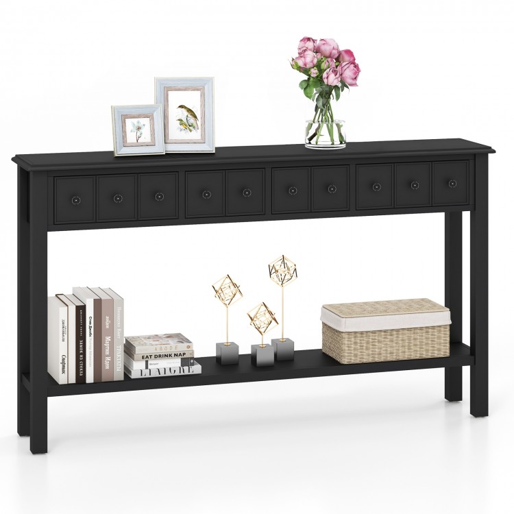 Black 60-inch sofa table with 4 drawers and open shelf, perfect for living room or entryway storage and decor.
