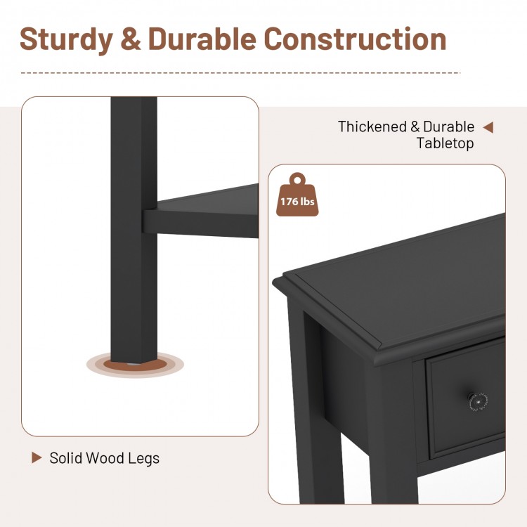 Sofa table with solid wood legs, featuring a thickened tabletop and four drawers for ample storage in black finish.