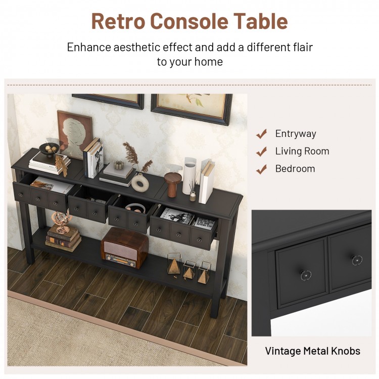 Retro console table with 4 drawers and open shelf in black, perfect for living room or entryway storage and decor.