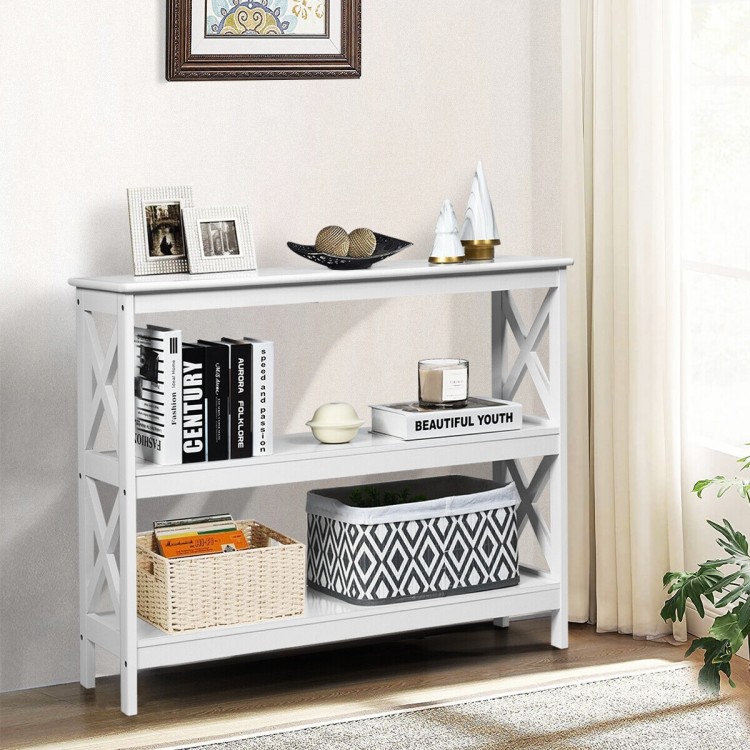 White 3-tier console table with X-design, offering open shelves for versatile storage in living rooms or entryways.