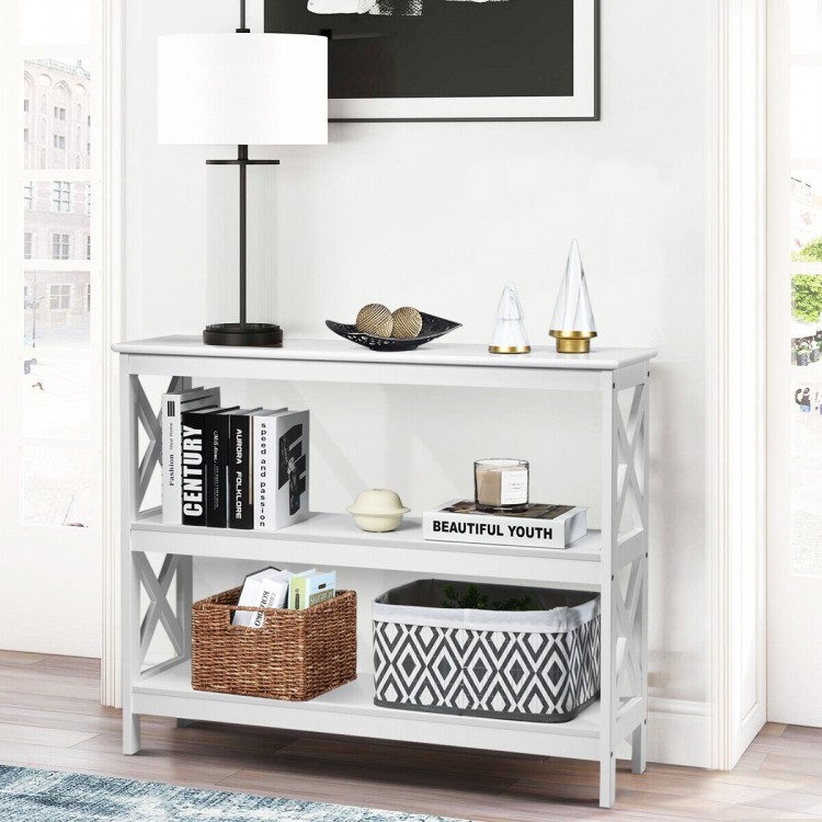 3-tier white console table with X-design, open shelves for storage, ideal for living rooms and entryways.