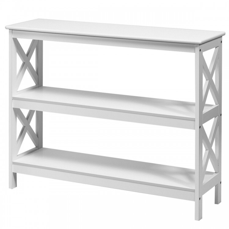 3-tier white console table with X-design, made of P2 MDF, ideal for living rooms and entryways, featuring open shelves.