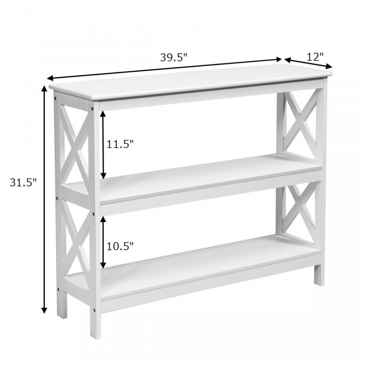 White 3-tier console table showcasing dimensions of 39.5" x 12" x 31.5", perfect for entryways or as a side table.