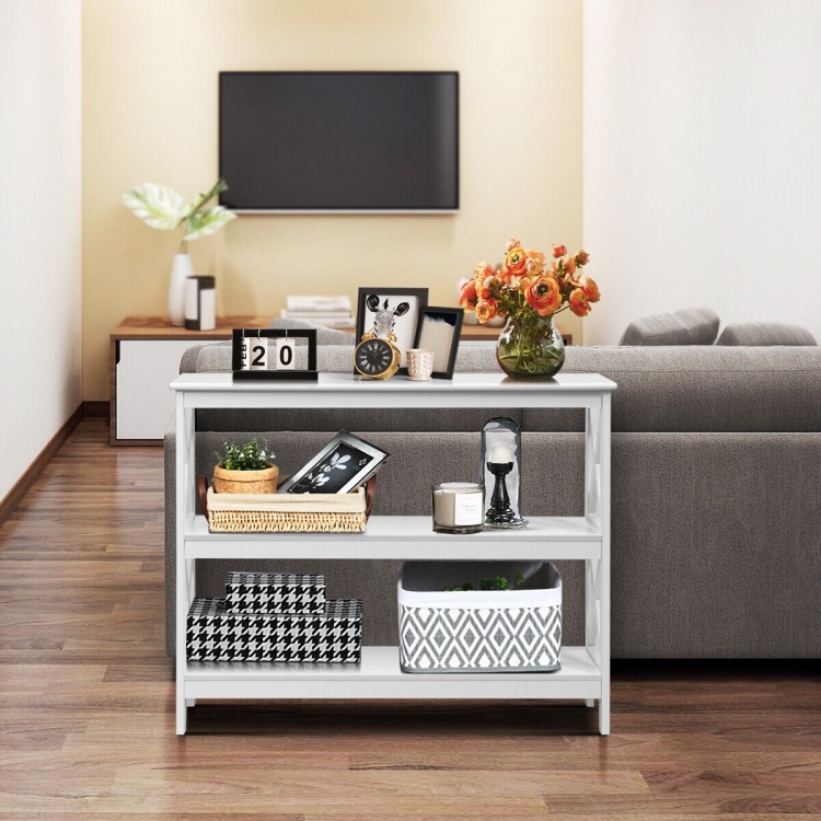3-tier white console table with X-design, featuring open shelves for versatile storage in living rooms or entryways.