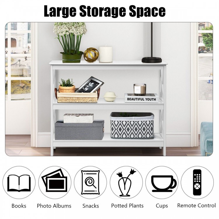3-tier white console table with X-design, featuring open shelves for books, snacks, and decor in a living room setting.