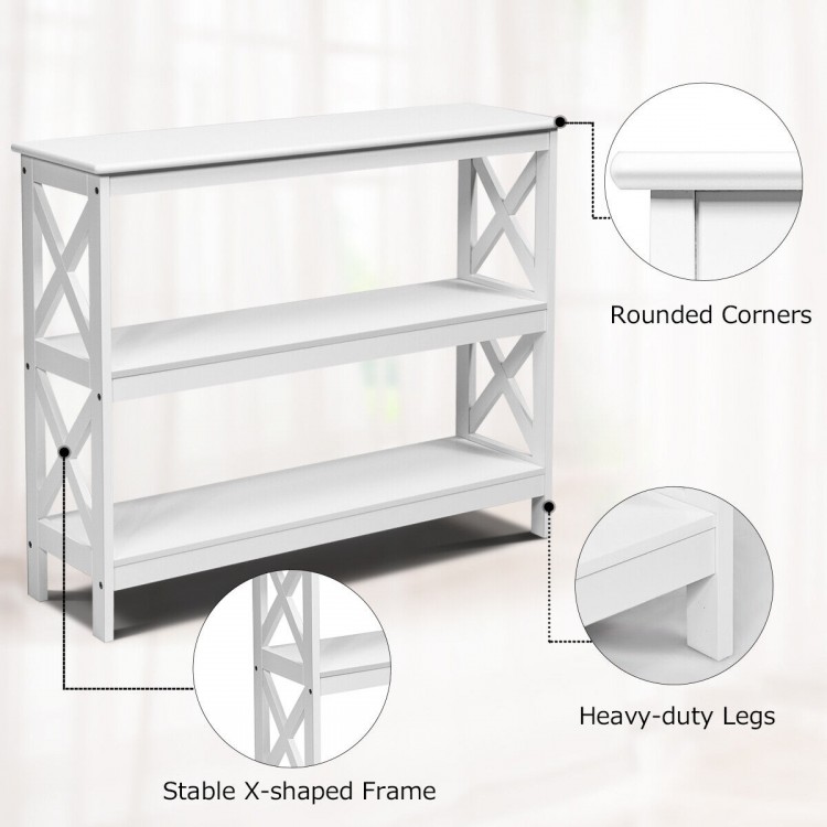 3-tier white console table with X-shaped design, rounded corners, and heavy-duty legs for versatile storage and.
