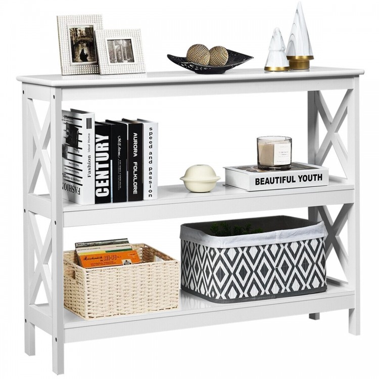 3-tier white console table with X-design, featuring open shelves for storage, perfect for living rooms and entryways.