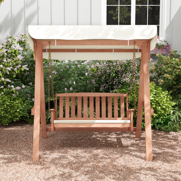 Outdoor 2-seat swing bench with A-frame, solid hardwood, and canopy, ideal for backyard relaxation.