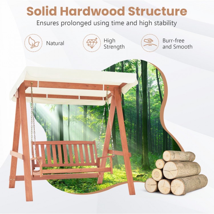 Outdoor 2-seat swing bench with solid hardwood, metal chains, and canopy, ideal for backyard relaxation.