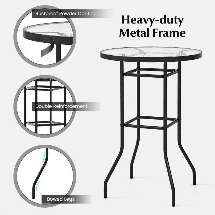 38-inch patio bar table with a tempered glass tabletop and heavy-duty metal frame, ideal for outdoor use.