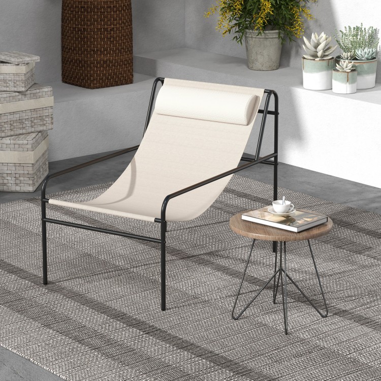 Patio sling lounge chair in beige with removable headrest, featuring a durable metal frame for indoor or outdoor use.