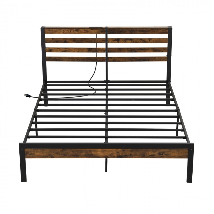 Full/Queen size bed frame with storage headboard and built-in charging station for convenient bedside access.