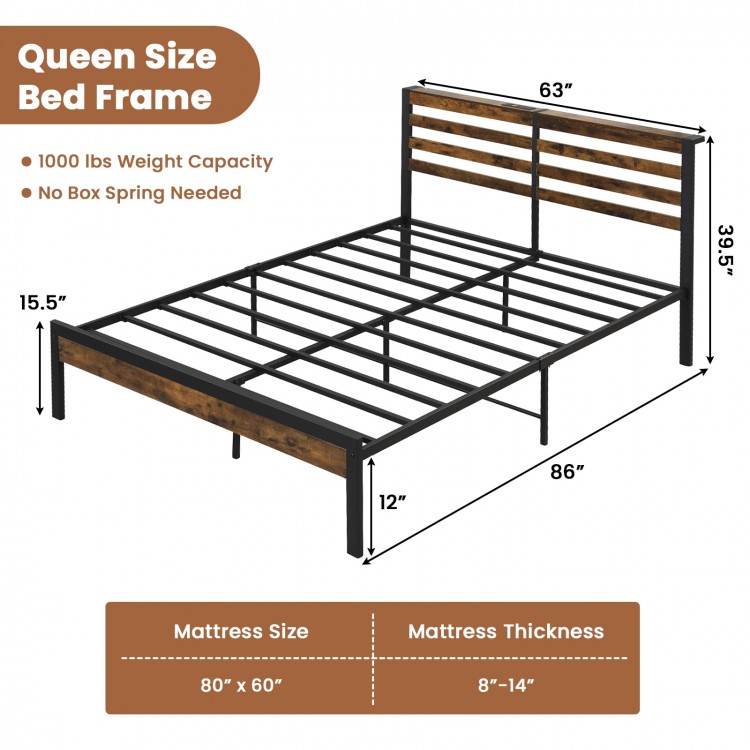 Queen size bed frame with storage headboard and charging station, featuring heavy-duty metal slats and 12-inch.