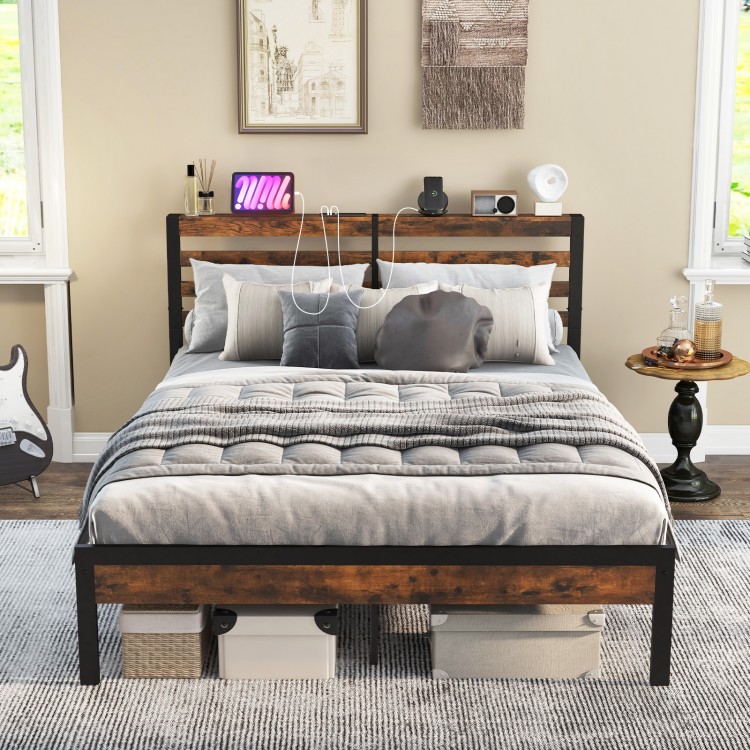 Full/Queen size bed frame with storage headboard and charging station, featuring a robust metal design for reliable.