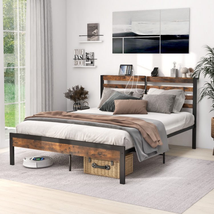 Full/Queen size bed frame with storage headboard and built-in charging station, featuring robust metal legs and.