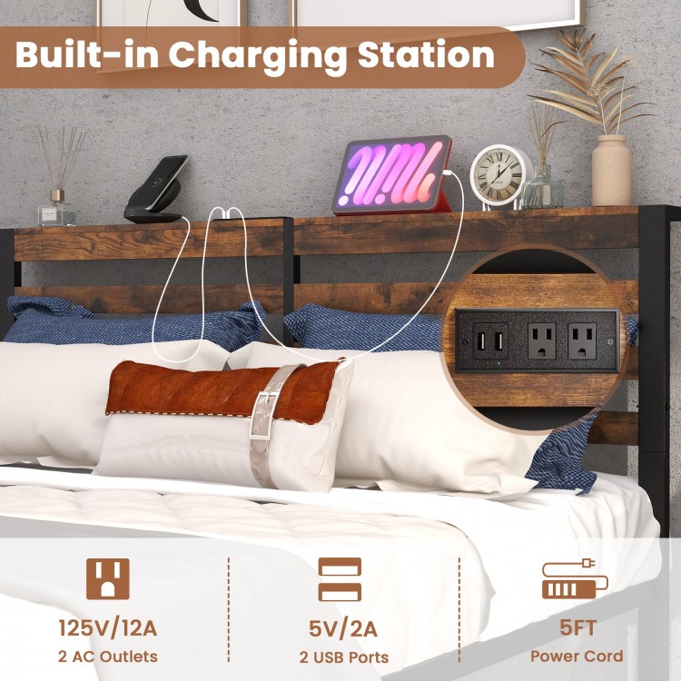 Queen size bed frame with storage headboard and built-in charging station featuring 2 AC outlets and 2 USB ports.