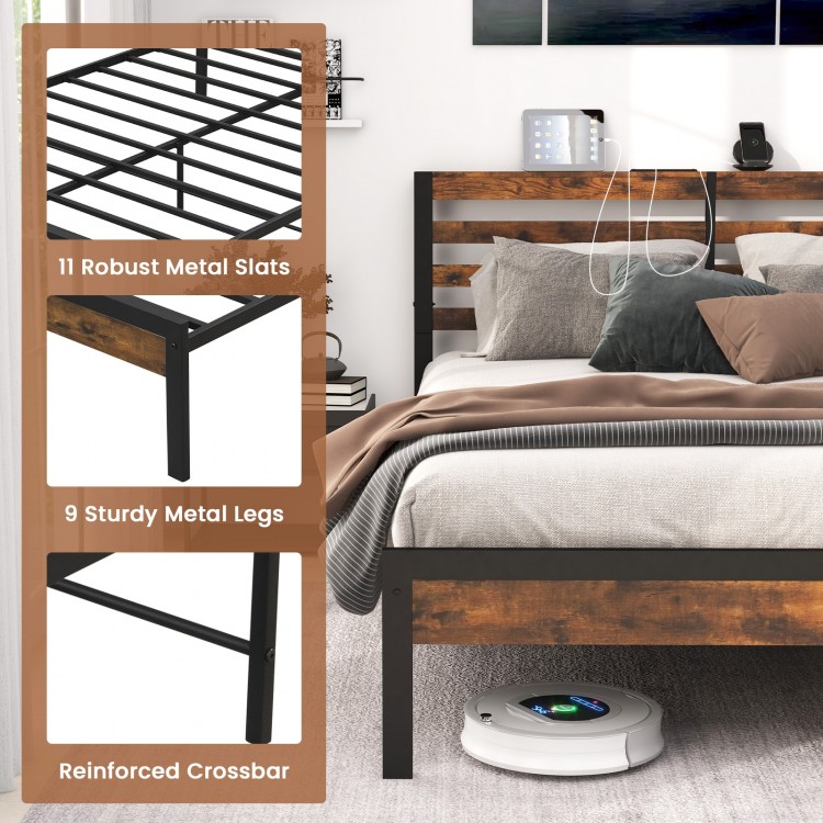 Queen size bed frame featuring a storage headboard, charging station, and robust metal slats for reliable support.