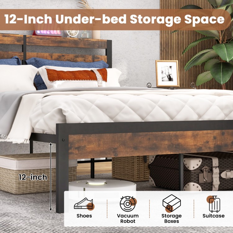Full/Queen size bed frame with 12-inch under-bed storage space, featuring a storage headboard and charging station.