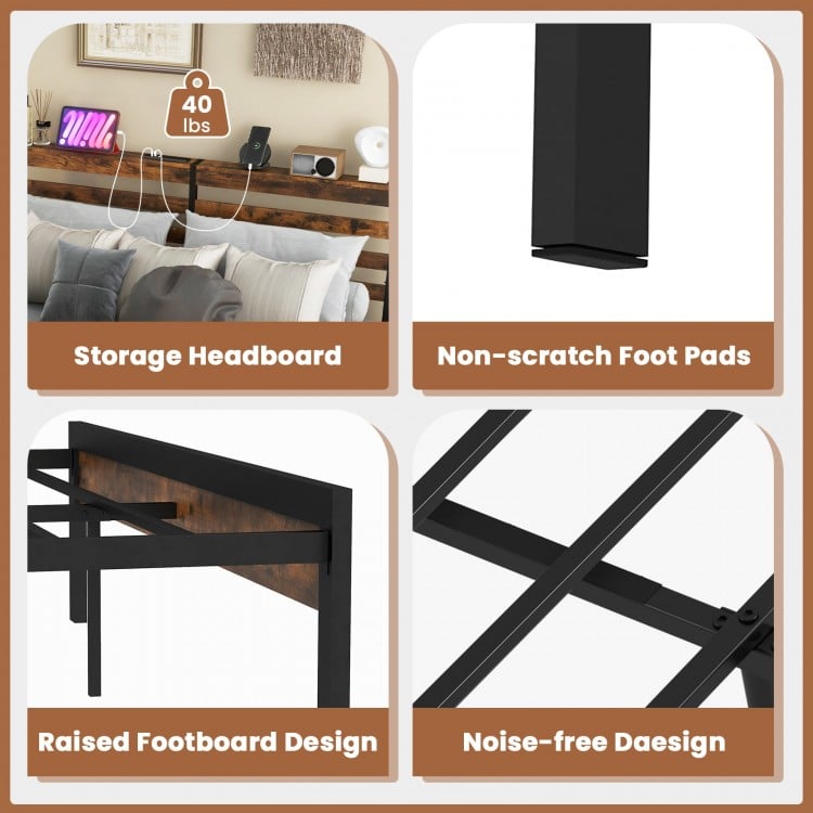 Storage headboard with charging station and non-scratch foot pads for the Full/Queen size bed frame, ensuring tidy and.