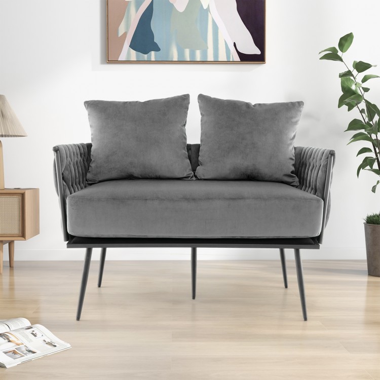 Modern gray loveseat sofa with woven backrest and armrests, perfect for small apartments and cozy living spaces.