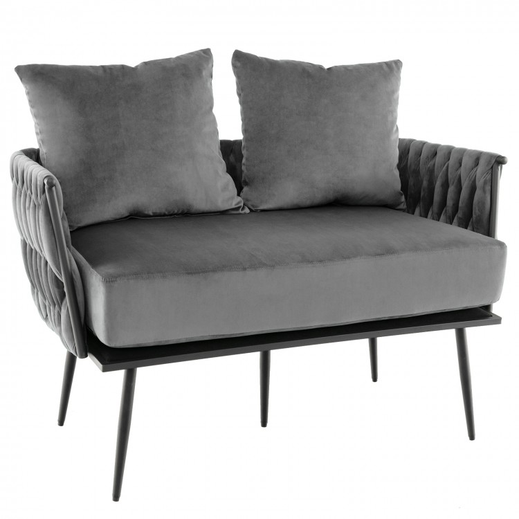 Gray modern loveseat sofa with hand-woven backrest, upholstered in durable Dutch velvet, ideal for small spaces.