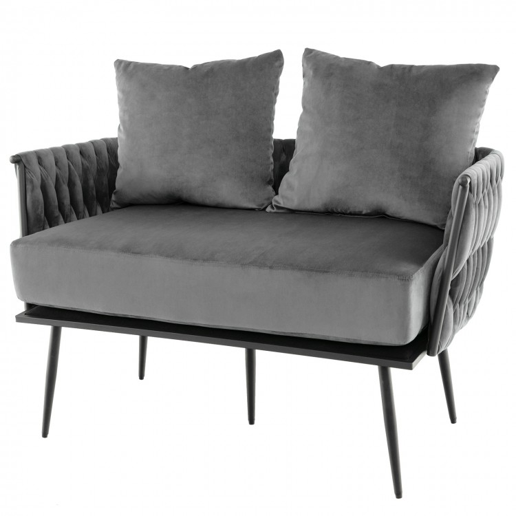 Gray upholstered loveseat sofa with woven backrest and armrests, ideal for small spaces and comfortable relaxation.