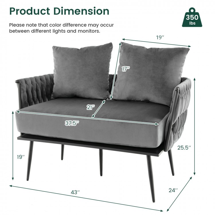Gray Modern Loveseat Sofa with woven backrest, detachable cushion, and metal legs, perfect for small spaces and.