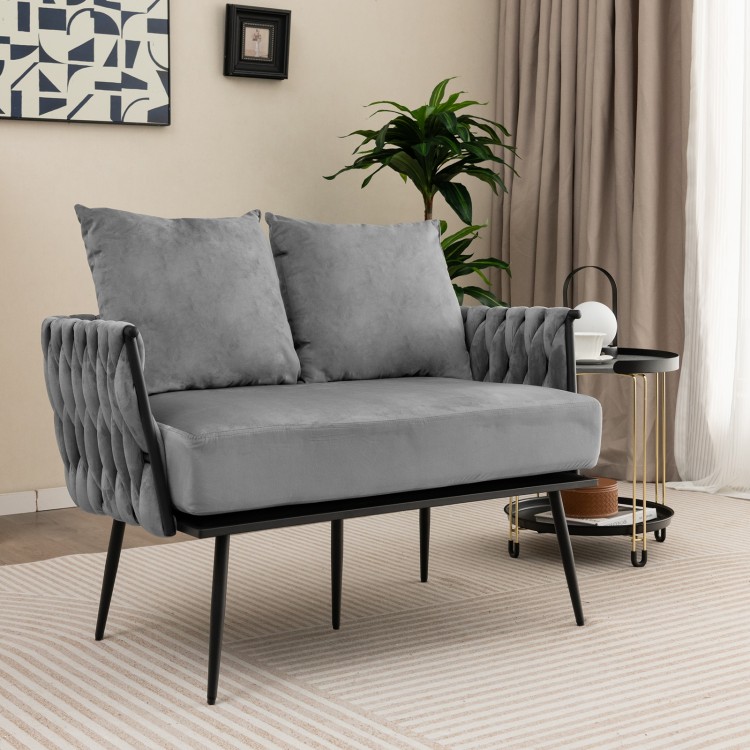 Gray upholstered Modern Loveseat Sofa with woven backrest and armrests, perfect for small apartments and cozy living.