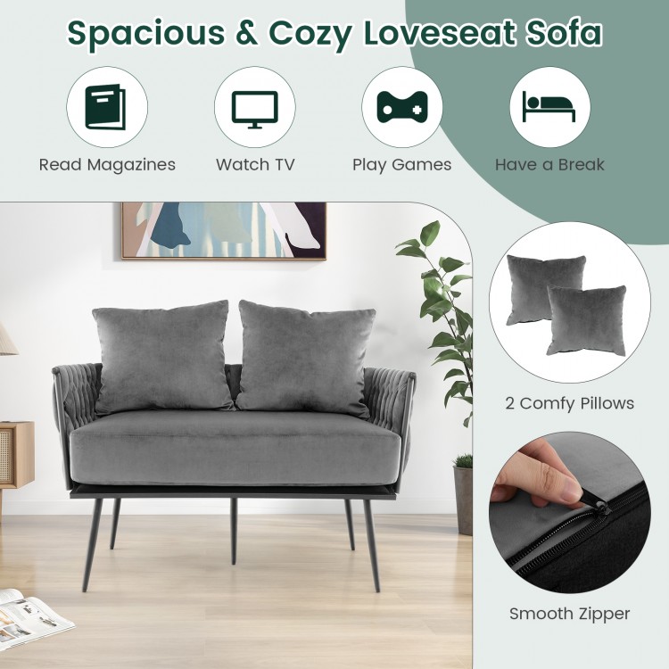 Cozy gray loveseat sofa with detachable cushion, woven backrest, and comfy pillows, perfect for small spaces.