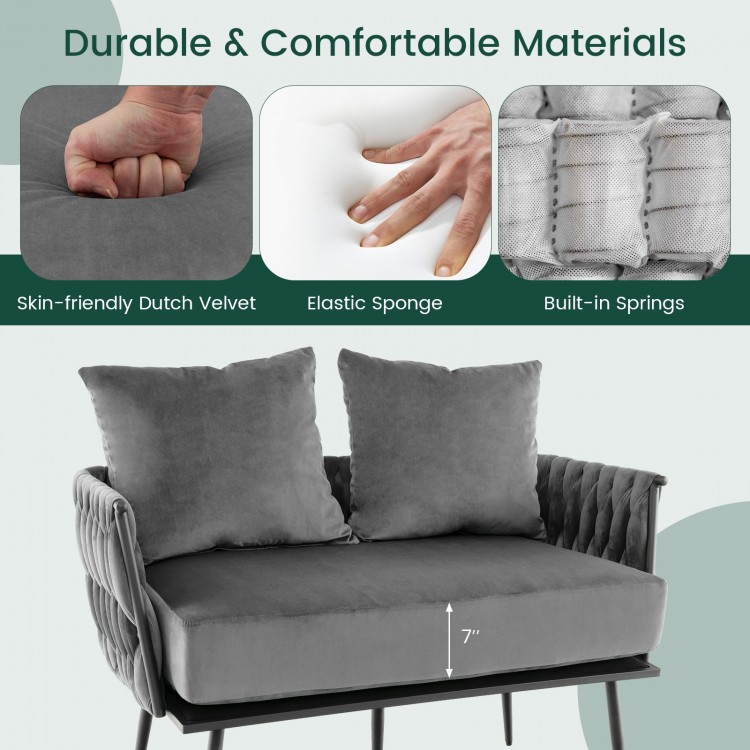 Modern gray loveseat sofa featuring durable Dutch velvet, elastic sponge, and built-in springs for comfort and style.