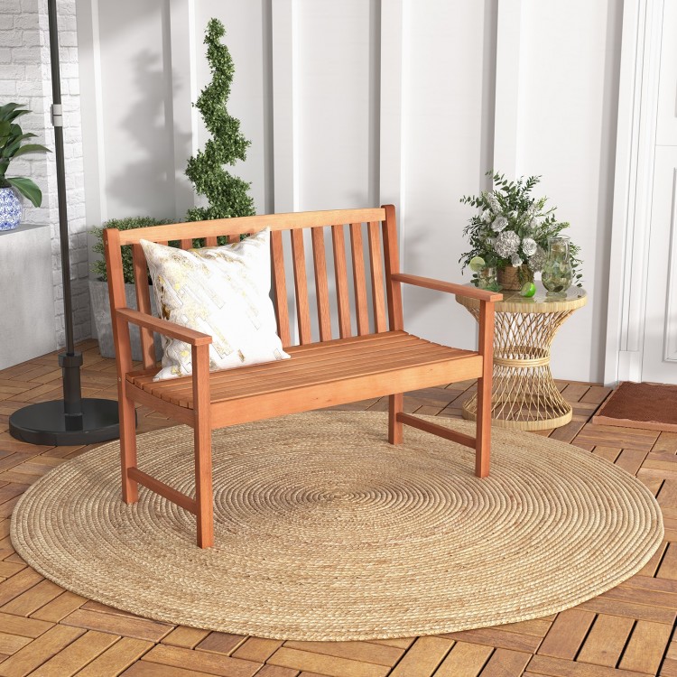 2-seat patio wood bench made of eucalyptus with cozy armrests, ideal for garden or poolside relaxation.