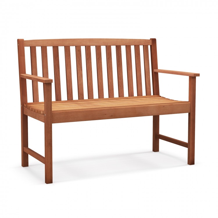 2-seat patio wood bench made of premium eucalyptus with cozy armrests, ideal for garden or backyard relaxation.