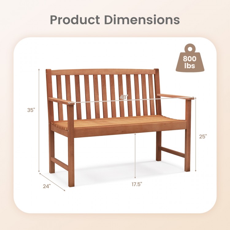 2-seat patio wood bench dimensions showing cozy armrests and slatted design, made of premium eucalyptus wood.