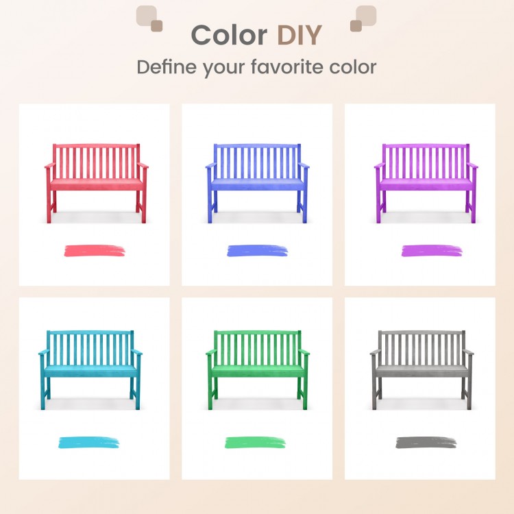 2-seat patio wood bench with cozy armrests, shown in various colors for customizable outdoor elegance.