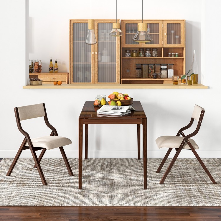 Set of 2 coffee wooden folding dining chairs with linen fabric padded seats, perfect for compact spaces and cozy dining.