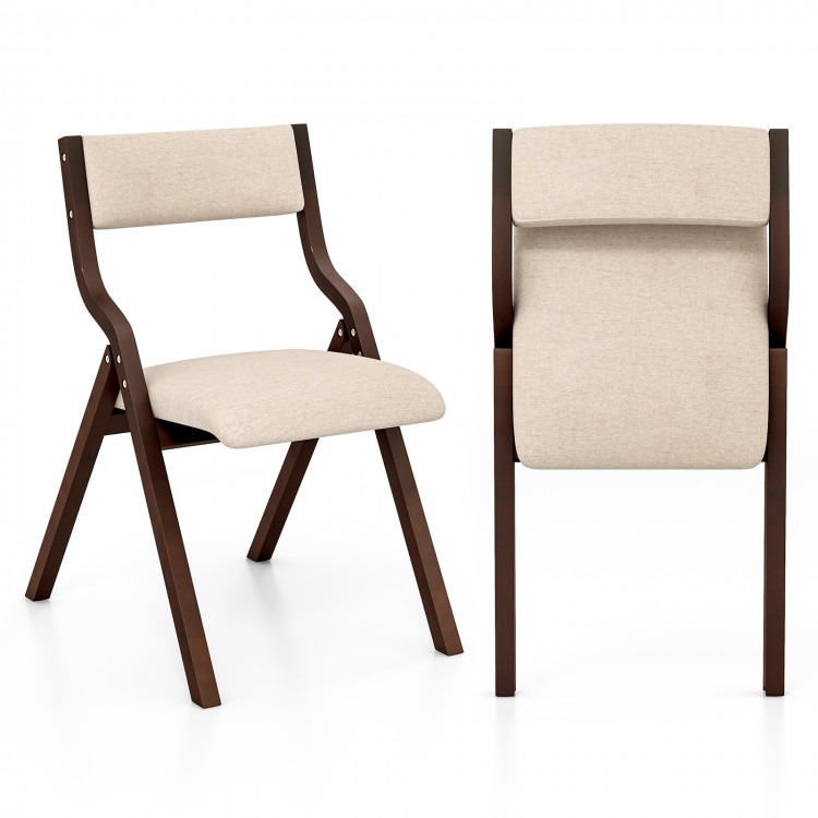 Wooden folding dining chair with linen fabric padded seat and backrest, ideal for compact spaces and versatile use.